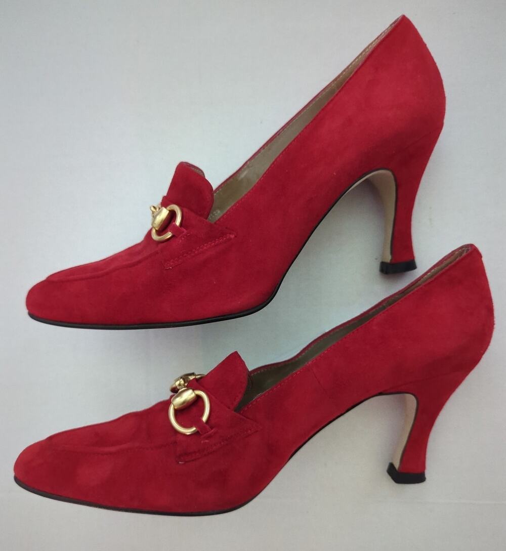 Lord & Taylor Red Velvet Leather 3" heels Gold Buckle Accents Women's Size 7.5